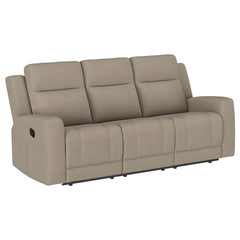Spend the day looking forward to kicking back and relaxing on a modern reclining sofa. It boasts a pair of manual recliners, ideal for everything from movie marathons to enjoying game day with friends. Upholstery is suede-like with a matte look and feel, 