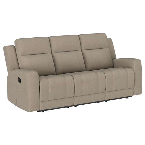 Spend the day looking forward to kicking back and relaxing on a modern reclining sofa. It boasts a pair of manual recliners, ideal for everything from movie marathons to enjoying game day with friends. Upholstery is suede-like with a matte look and feel, 