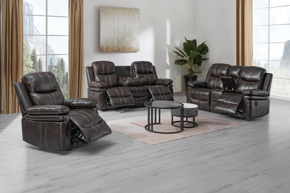 The Kellen 3-Piece Power Motion Upholstery Set, featuring a power dual reclining sofa, console loveseat, and glider recliner, offers a truly luxurious seating experience, blending modern convenience with timeless elegance. Expertly crafted with durable ha