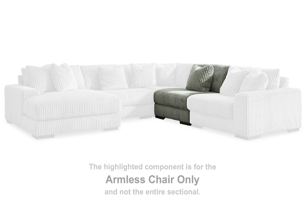 This armless chair is made with polyester upholstery. Pairs with other items in the series to make a sectional.<br><br><b>Additional Dimensions</b><br><ul><li>Seat depth: 28-"</li><li>Seat height: 21-"</li><li>Top of cushion to top of back: 19-"</li><li>L