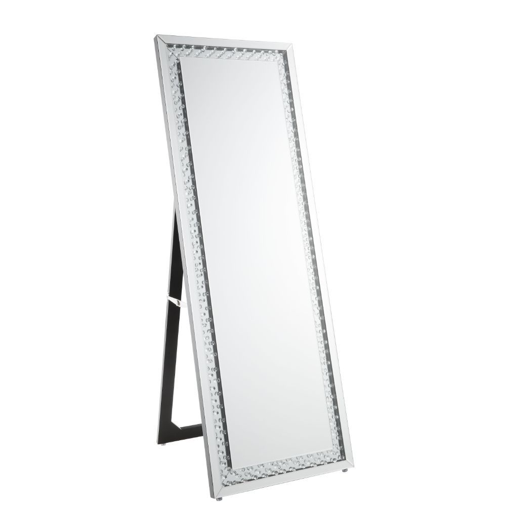 Rectangular Mirror (Floor), Stand Not Included â€¢ Beveled Mirrored Finish, Clear Glass with Faux Crystal Inlay â€¢â€¢ CONSTRUCTION â€¢â€¢ Mirrored Frame, Trim: 4mm Clear Glass with Faux Crystal Inlay: Mirror (Internal Mirror Size: 16-" x 57-"H), MDF â€¢ 