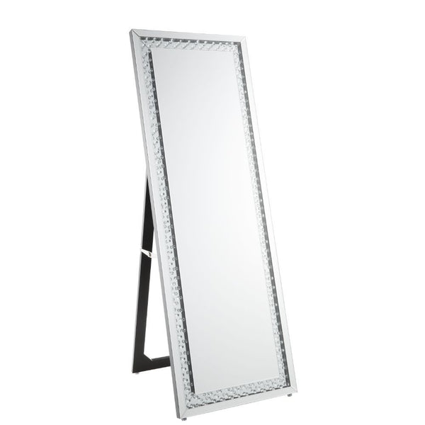Rectangular Mirror (Floor), Stand Not Included â€¢ Beveled Mirrored Finish, Clear Glass with Faux Crystal Inlay â€¢â€¢ CONSTRUCTION â€¢â€¢ Mirrored Frame, Trim: 4mm Clear Glass with Faux Crystal Inlay: Mirror (Internal Mirror Size: 16-" x 57-"H), MDF â€¢ 