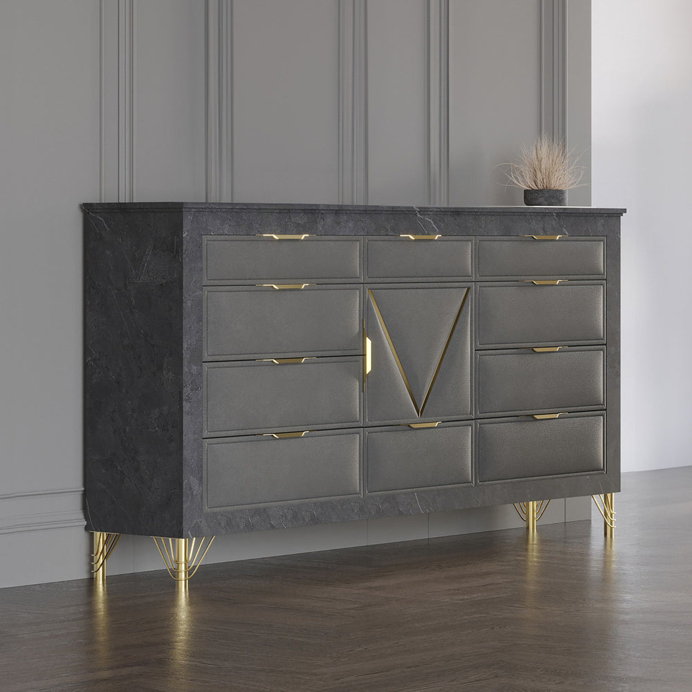 The Symmetry 10-Drawer Dresser in Charcoal Gray blends luxury and function, elevating any bedroom with its glamorous appeal. Crafted from premium woods with an eco-friendly gray marble laminate, itâ€™s a true statement piece. Ultra-soft gray fabric drawer