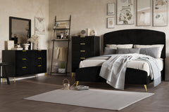 The Kailani 4 Piece Bedroom Set in black offers a perfect blend of modern design, luxurious comfort, and sustainable craftsmanship, making it a standout choice for any bedroom. This set includes an upholstered panel bed, dresser, mirror, and chest, all ex
