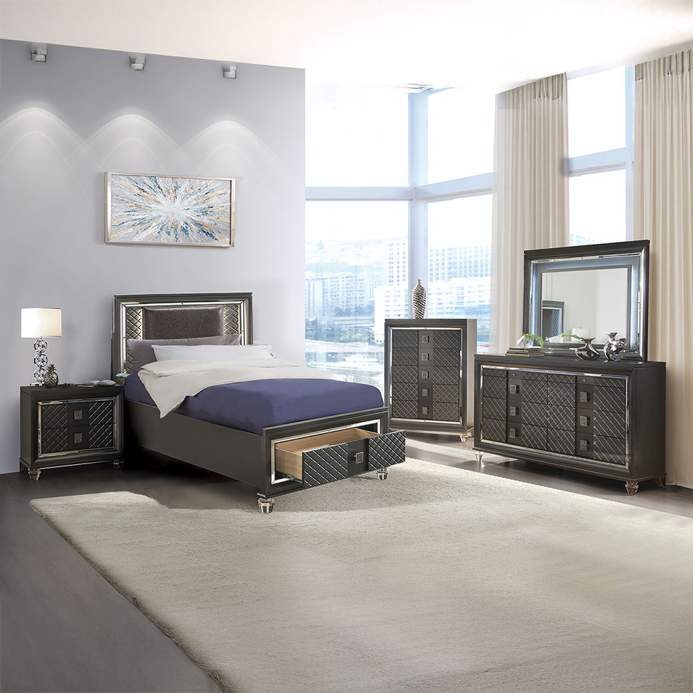 Mirror w/Beveled Edge LED Lighting Shape: Rectangular Orientation: Horizontal (Landscape) Wooden Frame: Raised/Recessed Molding, Sparkling Trim, Embossed Textured Fronts Drawers Mirror 4mm Thick<br/><br/><b>Product Features</b><ul><li>Case: 1Pc/1Ctn</li><