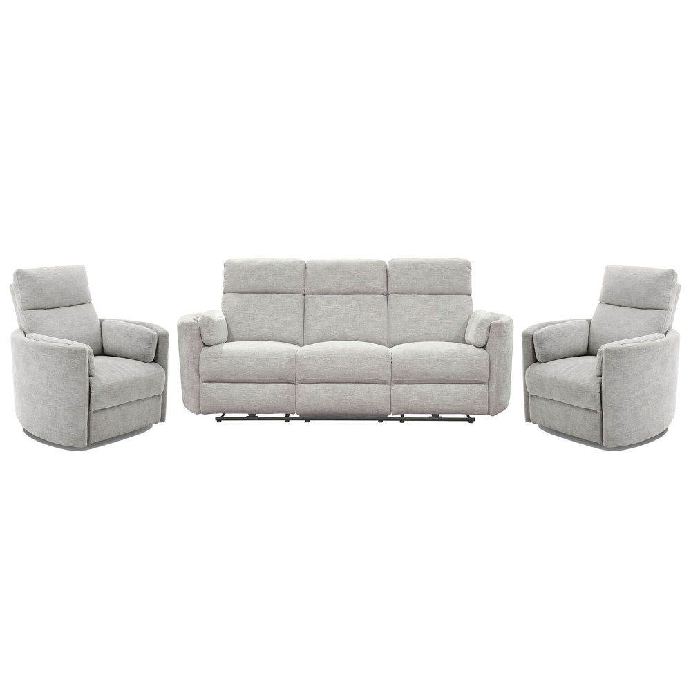 Perfect for relaxing at the end of a long day, this Power Sofa, Loveseat, and Glider-Recliner set features smooth power reclining for ultimate comfort.<br/><br/><b>Product Features</b><ul><li>Frame and wrapped in 100% polyester fabric</li><li>Curved arms<