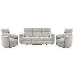 Perfect for relaxing at the end of a long day, this Power Sofa, Loveseat, and Glider-Recliner set features smooth power reclining for ultimate comfort.<br/><br/><b>Product Features</b><ul><li>Frame and wrapped in 100% polyester fabric</li><li>Curved arms<