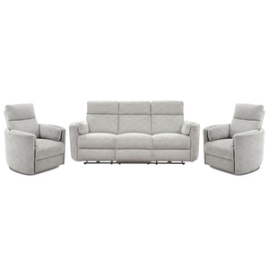 Perfect for relaxing at the end of a long day, this Power Sofa, Loveseat, and Glider-Recliner set features smooth power reclining for ultimate comfort.<br/><br/><b>Product Features</b><ul><li>Frame and wrapped in 100% polyester fabric</li><li>Curved arms<