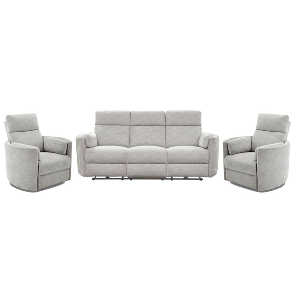 Perfect for relaxing at the end of a long day, this Power Sofa, Loveseat, and Glider-Recliner set features smooth power reclining for ultimate comfort.<br/><br/><b>Product Features</b><ul><li>Frame and wrapped in 100% polyester fabric</li><li>Curved arms<