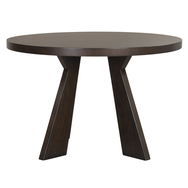 Chestnut Ridge Round Table is crafted fromÂ Solid Rubberwood, manufactured wood and wood veneers, boastingÂ durable constructionÂ that ensures longevity. TheÂ transitional styleÂ of the table, featuringÂ sleek stylingÂ andÂ wide bottom angled legs, exudes