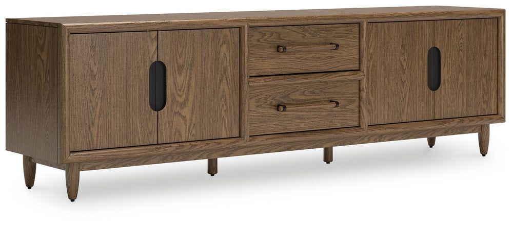 Introducing a TV stand inspired by the architectural language of mid-century expression. Its spacious cabinets and drawers provide ample storage, while a sleek design allows the natural beauty of the wood to shine through. Ready for a cinematic experience