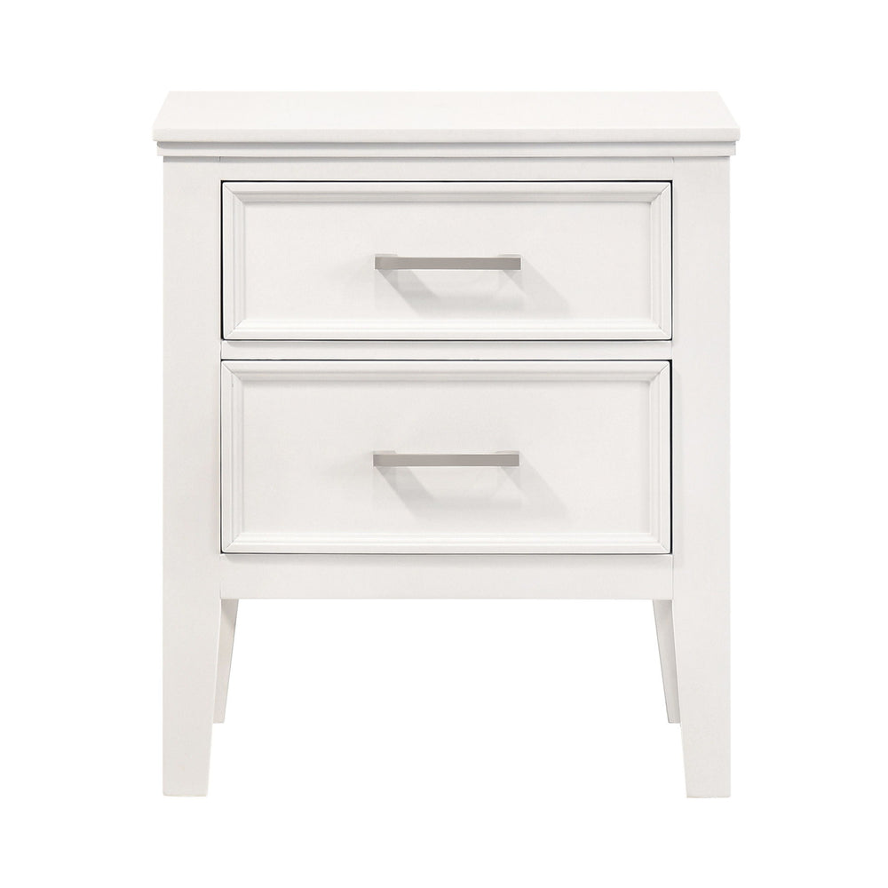 The Andover Two Drawer Wood Nightstand in White combines durability, style, and functionality, making it an essential addition to any bedroom. Expertly crafted from solid Rubberwood, manufactured woods, and wood veneers, this nightstand is built to last w