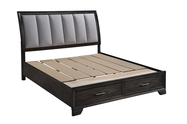 dark finish that commands attention while maintaining a sense of warmth and coziness. The bed stands as the stunning centerpiece