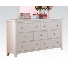The Lacey collection blends style and function to offer contemporary style and great storage for youth bedroom in your home. Available in white, and cherry oak finishes, these bedroom pieces feature chambered drawer fronts, chamfered trim, and chromed rou