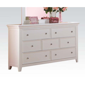The Lacey collection blends style and function to offer contemporary style and great storage for youth bedroom in your home. Available in white, and cherry oak finishes, these bedroom pieces feature chambered drawer fronts, chamfered trim, and chromed rou
