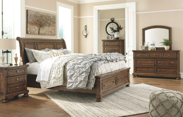 Flynnter - Medium Brown - 7 Pc. - Dresser, Mirror, Chest, California King Sleigh Bed with 2 Storage Drawers, Nightstand