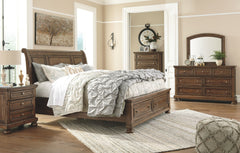 Flynnter - Medium Brown - 5 Pc. - Dresser, Mirror, King Sleigh Bed with 2 Storage Drawers