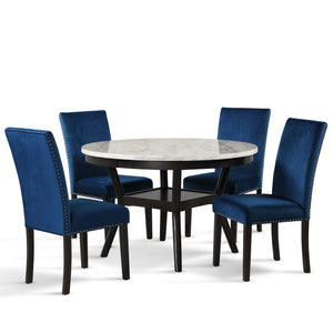 The Celeste 5-Piece Dining Set is an exquisite combination of modern sophistication and enduring craftsmanship. This set includes a chic round dining table with an espresso base and a faux marble top, accompanied by four stunning blue velvet chairs. Craft