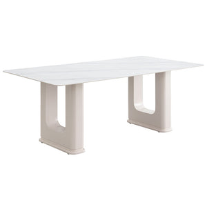  Kalam collection brings modern elegance to any dining space. The fixed table top is supported by stylish double pedestals