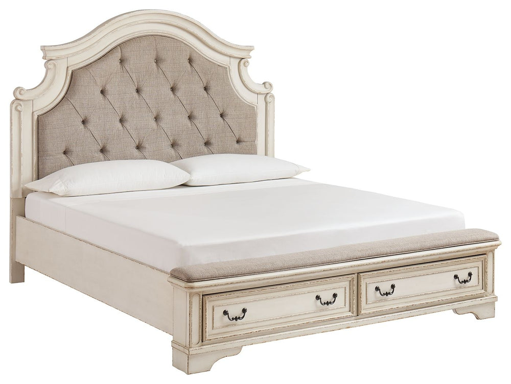 Redefining the art of traditional cottage styling, this California king upholstered bed is your dream bedroom retreat realized. The ornately shaped headboard with inset upholstered cushion brings cozy charm. Framed drawer fronts on the footboard add refin