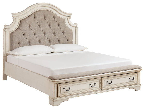 Redefining the art of traditional cottage styling, this California king upholstered bed is your dream bedroom retreat realized. The ornately shaped headboard with inset upholstered cushion brings cozy charm. Framed drawer fronts on the footboard add refin