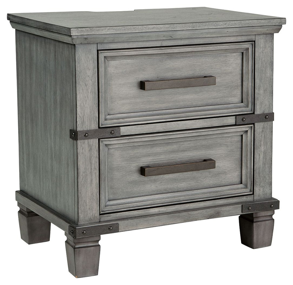 What-'s old is what-'s new with this nightstand. Serving up a fresh look in urban farmhouse style, this eclectic piece features a light weathered gray finish with dark aged bronze-tone bar pulls and metal straps for a casually cool sensibility. Profiled d