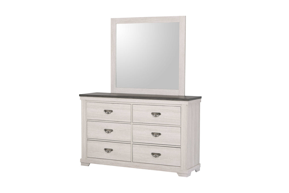 This bedroom set embodies a breezy, transitional style that harmonizes with any decor. The gracefully designed bed, with its panel headboard and soothing finish, invites a sense of calm and simplicity. Complementing the bed are the dresser and mirror, tal