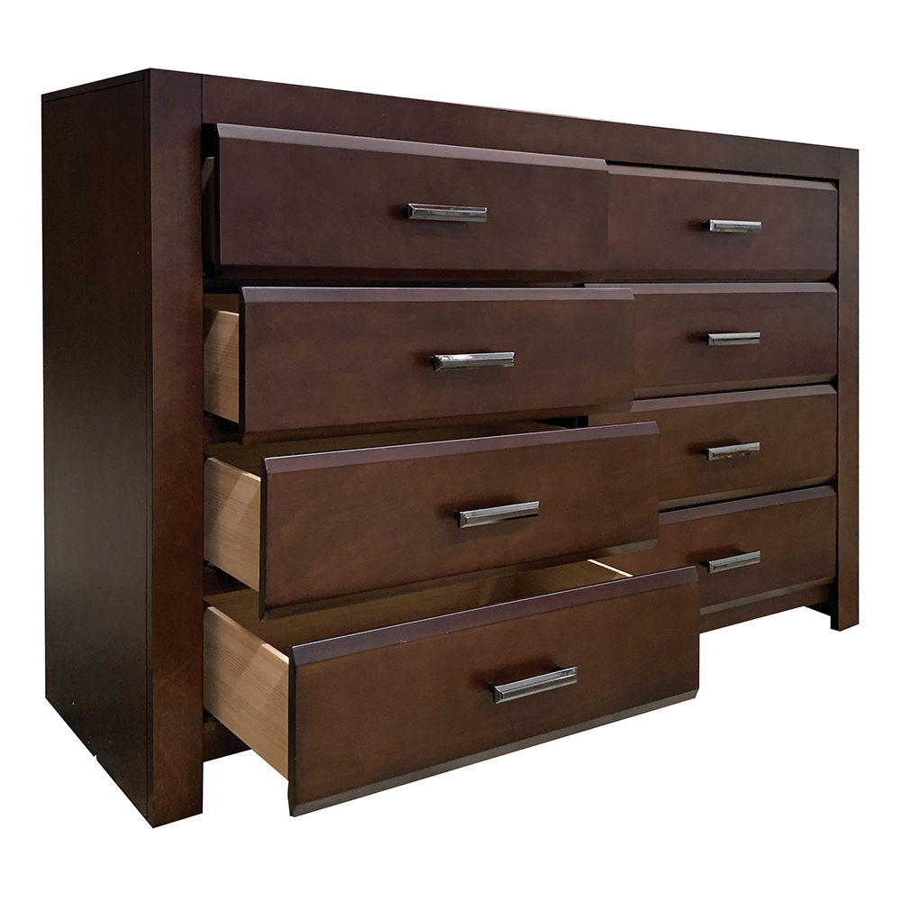 8 Drw Drawer: GLIDE Center Metal (Not Full Ext), DT English Front Only, Felt-Lined Top Drawer, ASTM F2057 - 17 & ASTM F3096 - 14 Compliant (YES)<br/><br/><b>Product Features</b><ul><li>Case: 1Pc/1Ctn</li><li>Finish: Walnut</li><li>Style: Transitional</li>