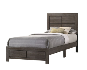 This bedroom collection showcases a rustic yet refined aesthetic, ideal for creating a tranquil and cozy retreat. The ensemble features a robust bed with a clean-lined headboard that brings a touch of rustic charm. The wood grain finish is complemented by