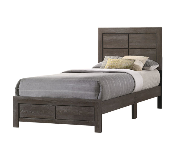 This bedroom collection showcases a rustic yet refined aesthetic, ideal for creating a tranquil and cozy retreat. The ensemble features a robust bed with a clean-lined headboard that brings a touch of rustic charm. The wood grain finish is complemented by