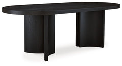 Informed by art deco design, this oval dining table makes a lasting impression in a simply stunning way. Its magnificent curved silhouette and architectural pedestal are enhanced with a rich layered black finish. Itâ€™s the contemporary statement piece yo
