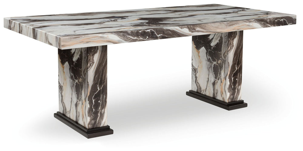 This dining table reflects your highly contemporary point of view. Its faux marble tabletop and base are a feast for the sensesÐ²Ð‚â€white contrasts against the light and dark brown veining to create an elevated, authentic feel. With room to seat eight p