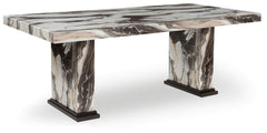 This dining table reflects your highly contemporary point of view. Its faux marble tabletop and base are a feast for the sensesÐ²Ð‚â€white contrasts against the light and dark brown veining to create an elevated, authentic feel. With room to seat eight p
