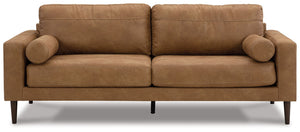Small-scale style, tailored to perfection. This sofa echoes retro aesthetics with warm caramel faux leather, while its ultra-linear silhouette incorporates a contemporary edge. Versatile in form and function, the seat suits styles from modern boho to tran