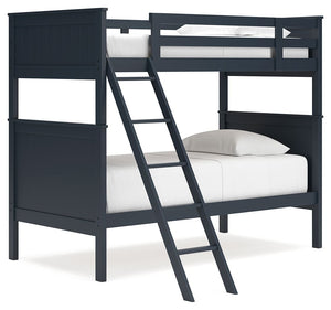Maximize space and turn your kids-' bedtime into an adventure with this cool twin-over-twin bunk bed. It-'s an effortless addition to any bedroom, with a timeless Shaker style that-'s wonderfully finished in an on-trend blue. Guard rails on the top bunk h
