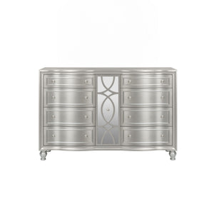  meticulously crafted from solid Pine and high-quality manufactured wood to ensure enduring strength and durability. Its glamorous matte silver finish exudes sophistication