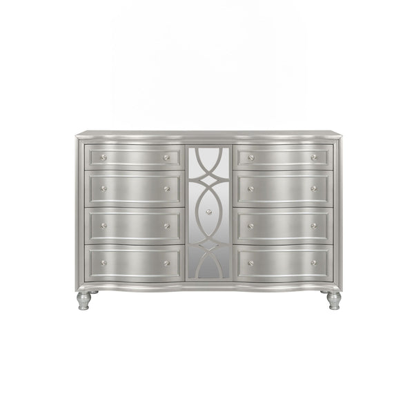  meticulously crafted from solid Pine and high-quality manufactured wood to ensure enduring strength and durability. Its glamorous matte silver finish exudes sophistication