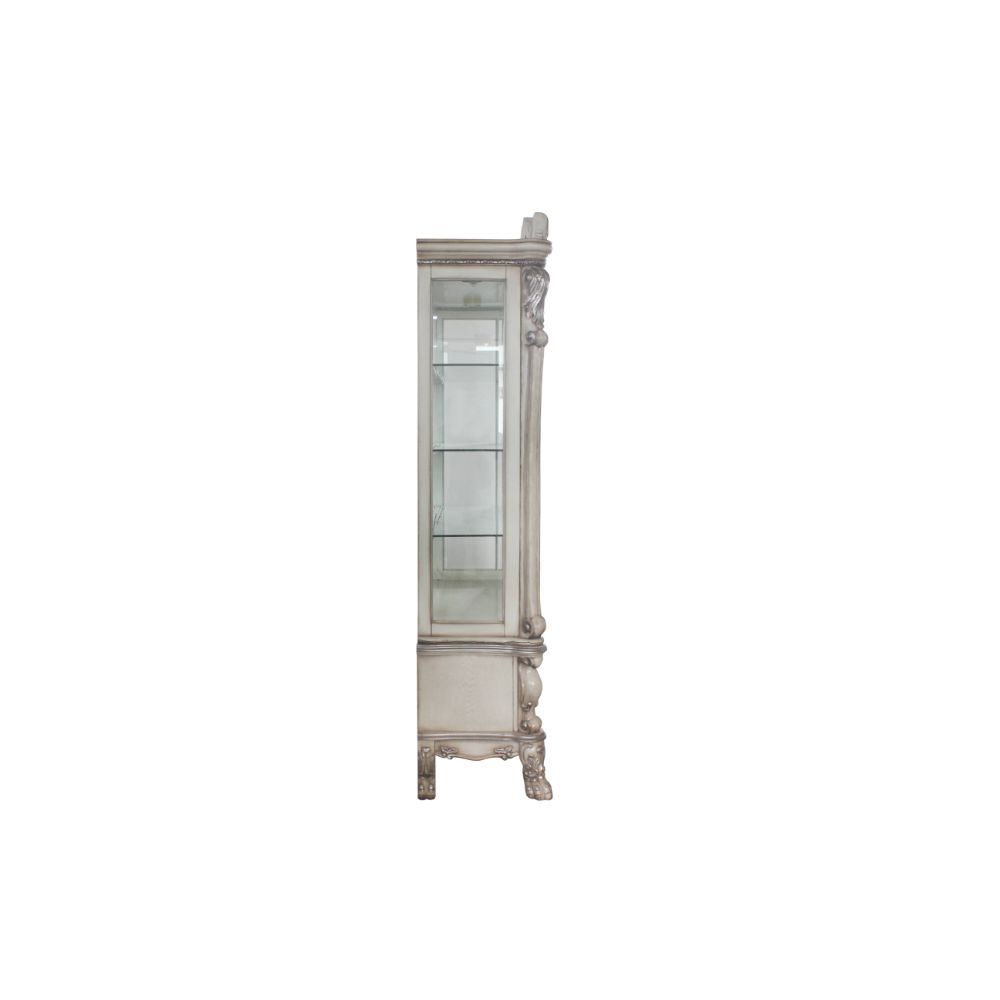 Curio Cabinet STORAGE: HUTCH) 2 Glass Doors (4 Compartments with 3 Glass Shelves) BASE) 1 Drw Touch Light & Mirrored Back Panel Wooden Case Frame with Oversized Crown & Claw Leg (Poly-Resin Floral Motifs & Trim)<br/><br/><b>Product Features</b><ul><li>Cas