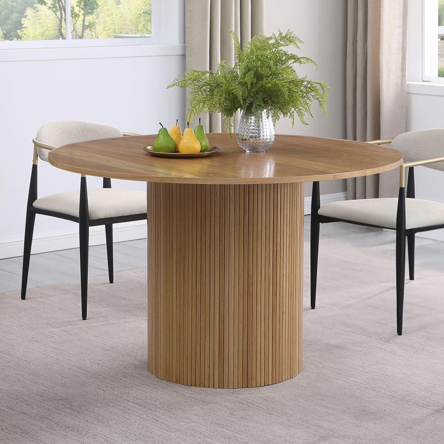 Revamp your kitchen or dining room with a stylish, light brown dining table. This modern round dining table, made from wood with an ash veneer in a natural finish, is a warm, unifying choice for a contemporary dining space. The round tabletop features a s
