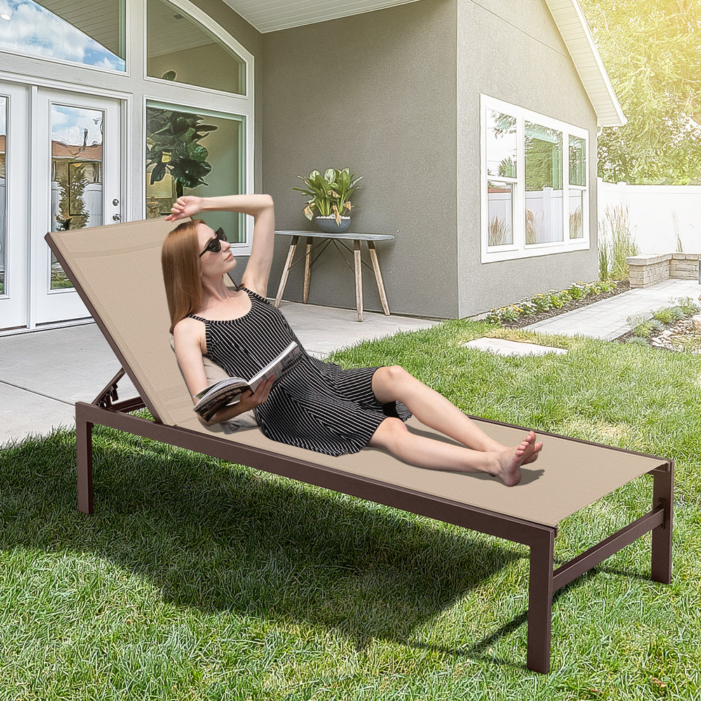 Lightweight and rustproof aluminium frame can stand the test of time<br>Premium fabric is quick-drying  breathable and durable<br>6-position adjustable recliner allows you to set a desired angle<br>This chaise lounge chair can be used completely flat<br>A
