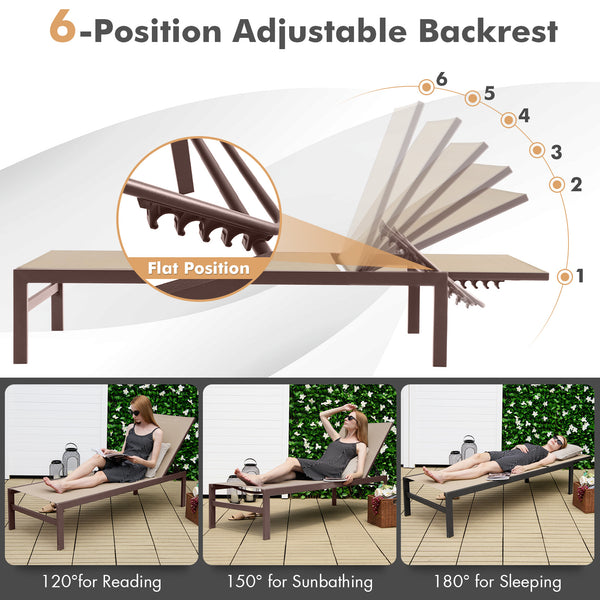 Lightweight and rustproof aluminium frame can stand the test of time<br>Premium fabric is quick-drying  breathable and durable<br>6-position adjustable recliner allows you to set a desired angle<br>This chaise lounge chair can be used completely flat<br>A