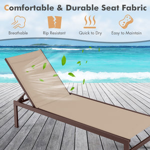 Lightweight and rustproof aluminium frame can stand the test of time<br>Premium fabric is quick-drying  breathable and durable<br>6-position adjustable recliner allows you to set a desired angle<br>This chaise lounge chair can be used completely flat<br>A