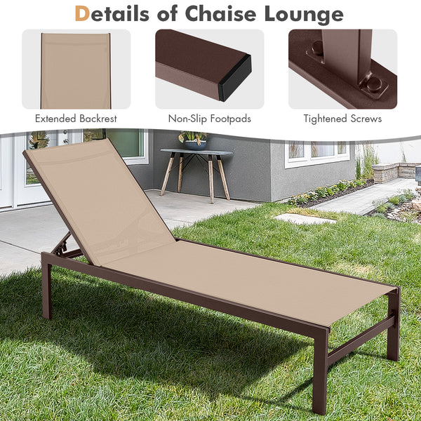 Lightweight and rustproof aluminium frame can stand the test of time<br>Premium fabric is quick-drying  breathable and durable<br>6-position adjustable recliner allows you to set a desired angle<br>This chaise lounge chair can be used completely flat<br>A