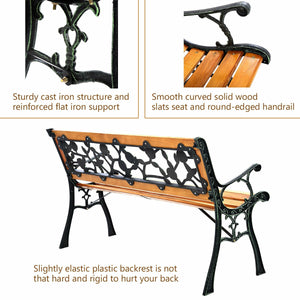 It consists of well-painted iron cast structure  solid wood seat and backrest frame  and PVC backrest pattern. <br>It comes with a size of 49.5" x 20.5" x 29" and features a strong load-bearing capacity of up to 463 lbs. <br>It's able to comfortably seat 