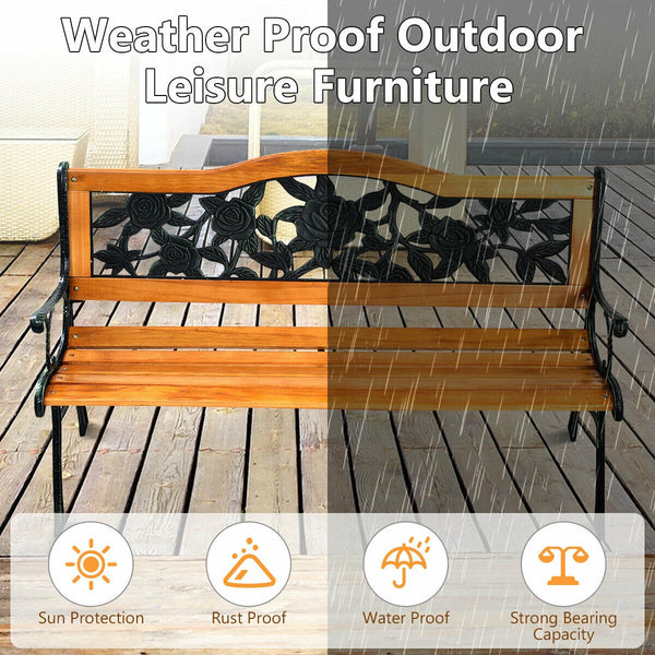 Consist of well-painted iron cast structure  solid wood seat and backrest frame  and PVC backrest pattern Come with a size of 49.5" x 20.5" x 30" and features a strong load-bearing capacity of up to 463 lbs Able to comfortably seat three medium-sized adul