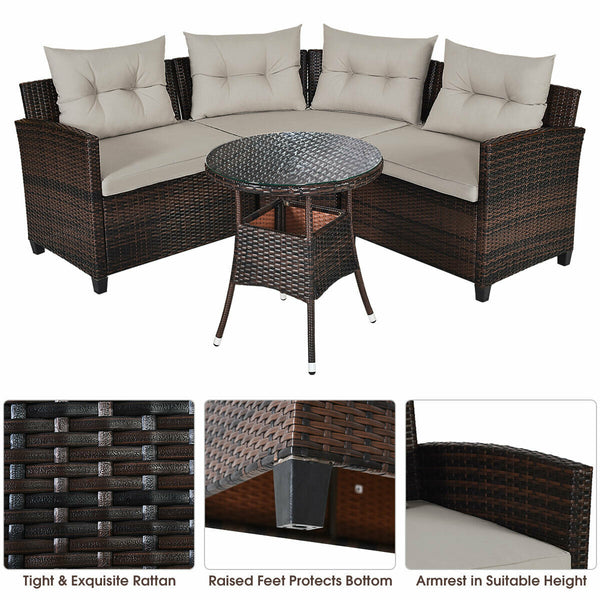 The sturdy and durable steel frame ensures sturdiness of the set<br>Tight and hand-woven rattan can withstand moderate rain or wind<br>Thick and soft cushion with a high-density sponge for your hip and back<br>Cover with the zipper of the seat cushion is 