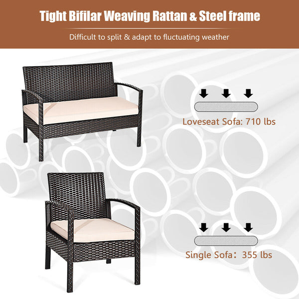 Including 1 loveseat  2 single sofas  and 1 table for a versatile use <br>High-quality steel frame with all-weather PE rattan wicker <br>Durable and sturdy for long-term service time <br>Large weight capacity up to 710 lbs (loveseat) <br>Anti-slippery pla