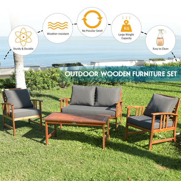 The solid and hardwood frame adds sturdiness to the set Not easy to deform and crack of the frame Painted with clear varnish and beauty can be kept for a long time Rearranged in various ways to meet your different needs Thick and soft cushions will provid