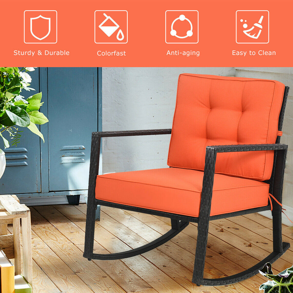 Sturdy and durable frame with exquisite rattan <br>Comfortable and safe rocking function <br>Thick and soft cushion for seat and back <br>Cushions are fixed by strings to prevent a move <br>Pads at the bottom can avoid sliding and protect rattan <br>Desig