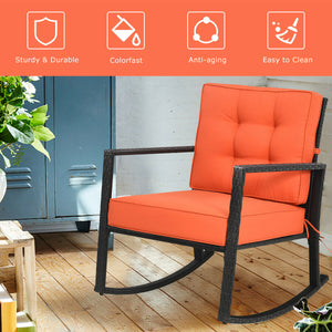 Sturdy and durable frame with exquisite rattan <br>Comfortable and safe rocking function <br>Thick and soft cushion for seat and back <br>Cushions are fixed by strings to prevent a move <br>Pads at the bottom can avoid sliding and protect rattan <br>Desig